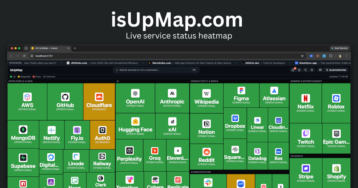 IsUpMap gives you a single dashboard for 100+ site statuses
